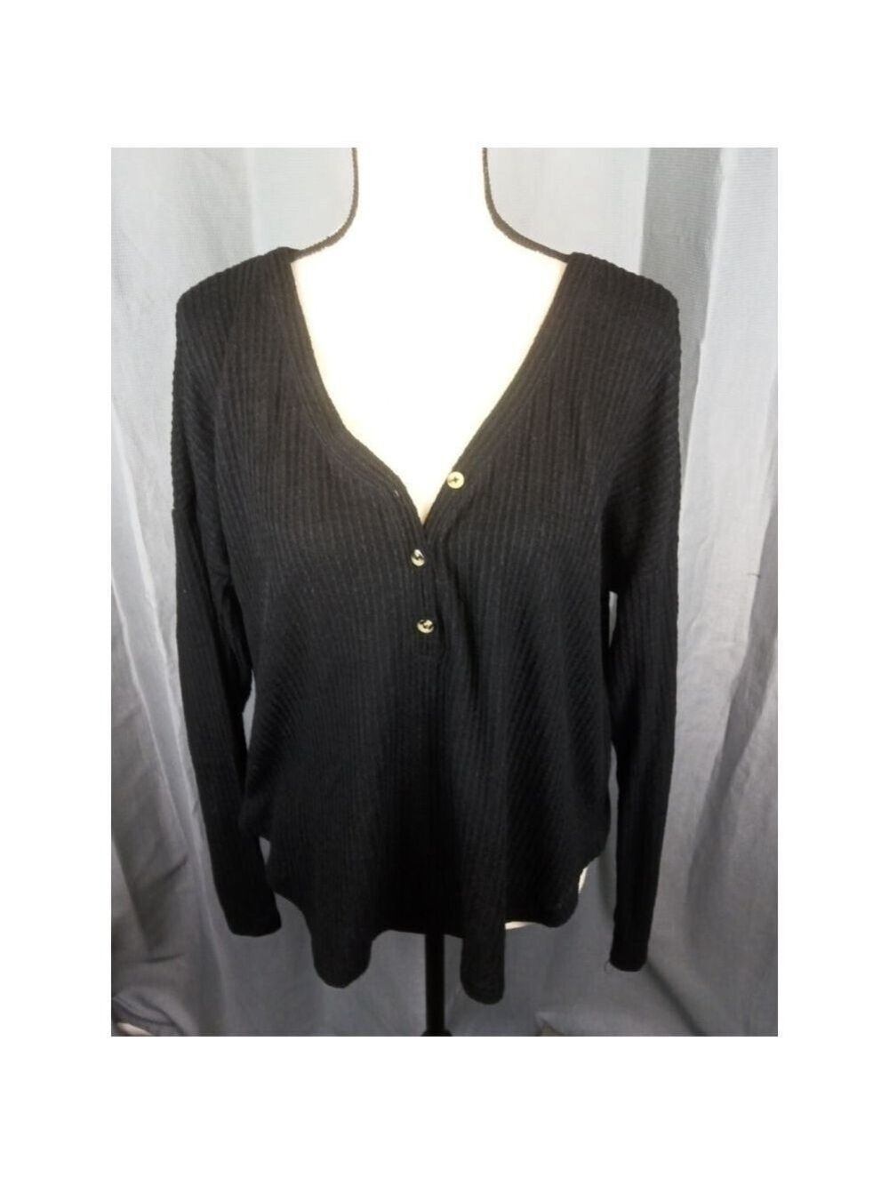 Colsie Black Ribbed Long Sleeve Henley Top Size Large